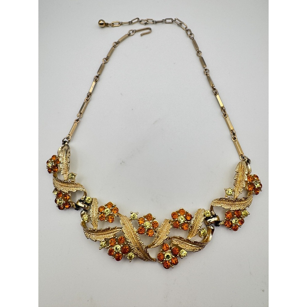 Vintage Coro Necklace Gold Tone Orange Rhinestone Flower Leaf Bib - Picture 2 of 11
